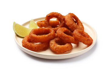 Fried squid rings and lime isolated on white