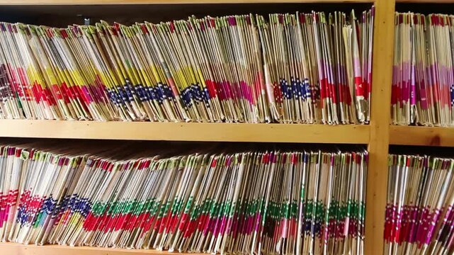 Rows of organized file folders on shelves in an office or archive room
