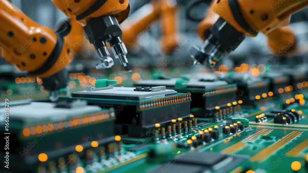 Poster robots assemble components on a circuit board