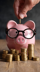 Pink piggy bank with glasses and stacks of gold coins on wooden surface savings money
