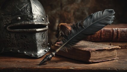 A weathered medieval helmet rests beside aged books and a quill pen on a dark wooden surface, evoking themes of history and chivalry