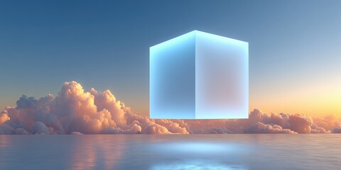 Glowing translucent cube hovering above calm water with sunset clouds in the background

