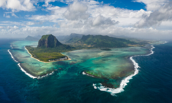 Le Morne Brabant mountain with beautiful lagoon and underwater waterfall illusion, Mauritius island