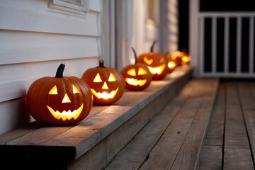 Jack-o-lanterns illuminate wooden steps on Halloween night Generative AI