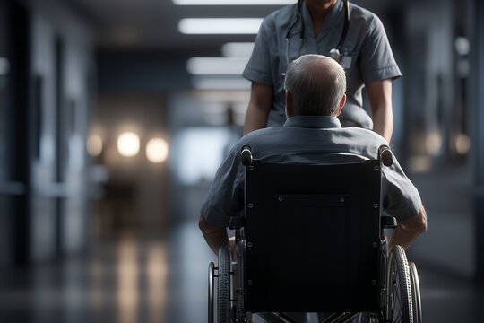 Healthcare Worker Assists Visually Impaired Person in Wheelchair