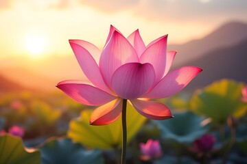  a delicate pink lotus flower glows in the warm light of a setting sun