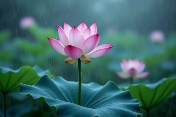 Obraz premium a beautiful pink lotus flower with water droplets in the rain, surrounded by lush green leaves