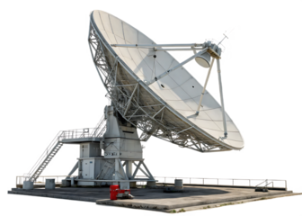 Large radio telescope dish for space communication and astronomy research on a concrete platform with stairs and metal structure