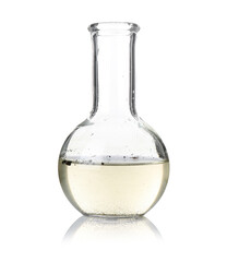 Glass flask with dirty water isolated on white