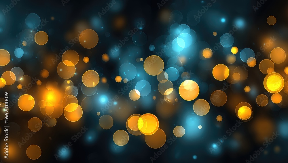 Poster abstract bokeh background with out-of-focus golden and teal circular lights on a dark backdrop, crea