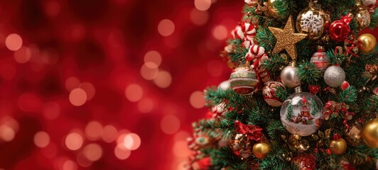 The Christmas Tree Adorned with Beautiful Ornaments and Bokeh Background