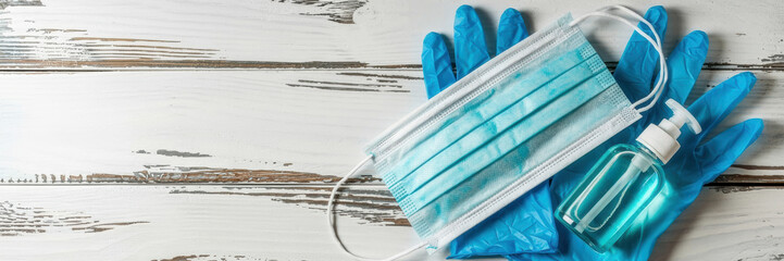 Medical protective equipment and supplies, placed against a background of whitewashed wooden planks. Surgical masks, nitrile gloves and a bottle of disinfectant. A banner with space for the text.