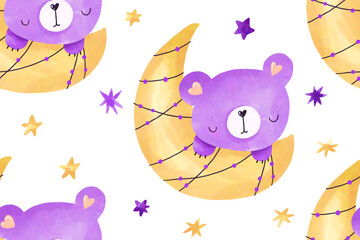 Bear sleep on moon seamless pattern. Baby hand drawn watercolor illustration
