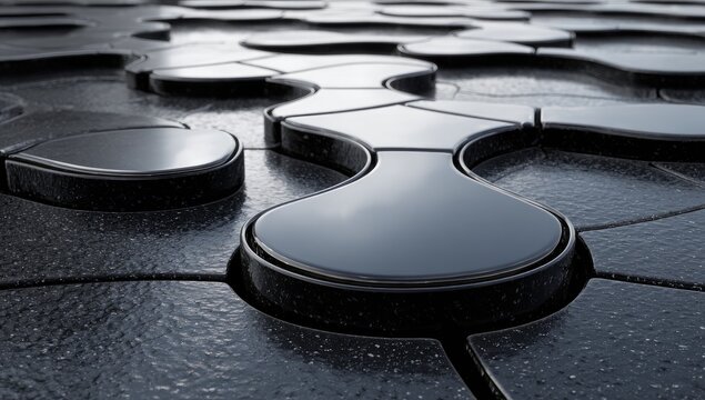 Abstract close-up of a dark, glossy, interconnected, puzzle-like surface with subtly textured, rounded, and reflective elements creating a flowing, three-dimensional pattern
