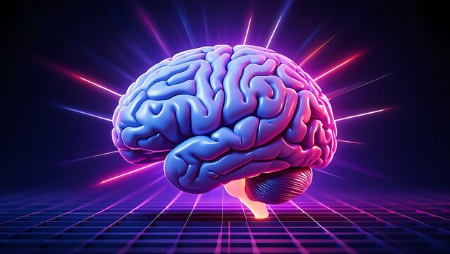 Illuminated human brain with radiant energy pulses emanating outward against a dark futuristic grid background symbolizing intelligence and innovation