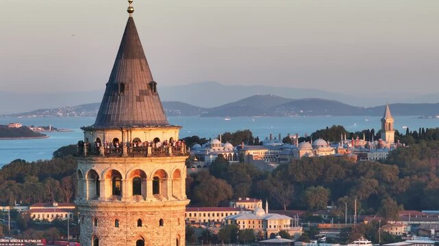 Galata Tower in the Sunset Time Drone Video, Galata Beyoglu, Istanbul Turkiye (Turkey)