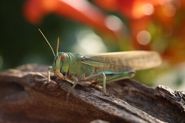 One locust on snag against blurred background, closeup. Wild insect