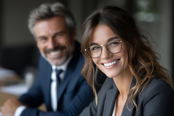 Fototapeta premium Friendly Manager Smiles in Close-Up Portrait During Office Meeting
