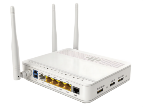 White Wireless Router with Three Antennas for High Speed Internet Access and Network Connectivity at Home or Office featuring Ethernet Ports