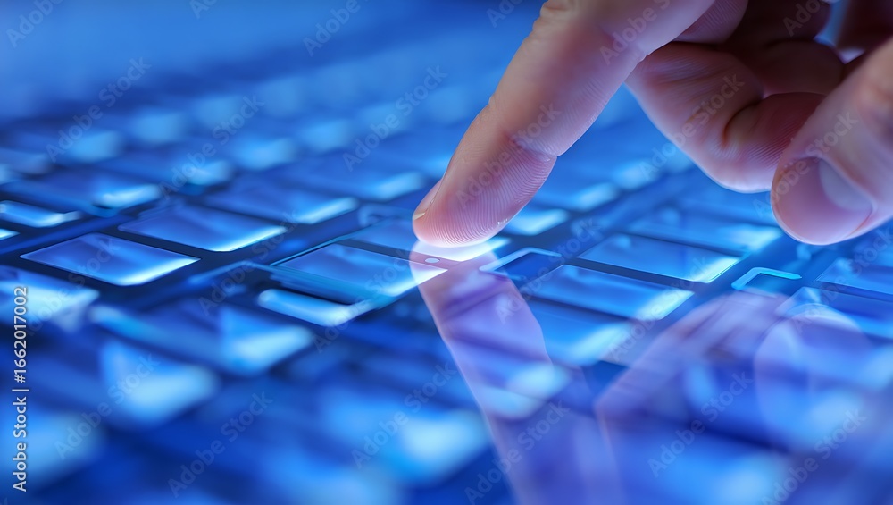 Poster close up of a finger pressing a glowing blue computer keyboard button symbolizing technology digital
