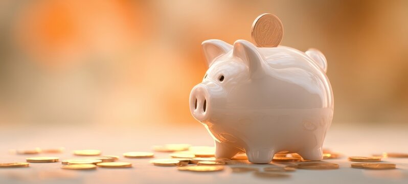 The charming piggy bank surrounded by golden coins on a soft background.