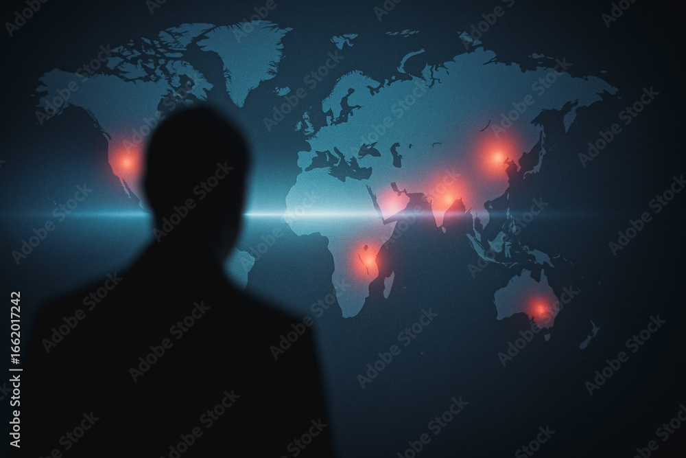 Poster global connections: a shadowy figure contemplates a world map illuminated with strategic points, rep