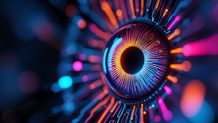 A close up abstract digital eye with vibrant neon blue and orange light trails emanating from its iris symbolizing futuristic technology and artificial intelligence
