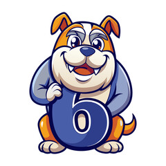 Playful Bulldog Character with Number Six | Cute Animal Numbers Illustration for Kids Learning, Children’s Book Art, Nursery Wall Decor