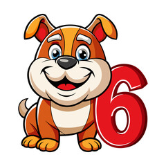 Playful Bulldog Character with Number Six | Cute Animal Numbers Illustration for Kids Learning, Children’s Book Art, Nursery Wall Decor