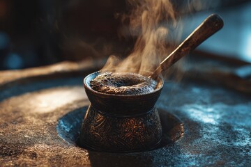 Coffee bubbling in pot on sand. Leisure/relaxation. Blurred background. Cafe use
