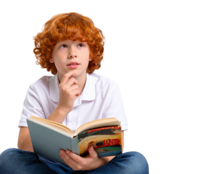  Curious Redhead Boy Reading an Open Book, Education Concept, Isolated Transparent Background PNG