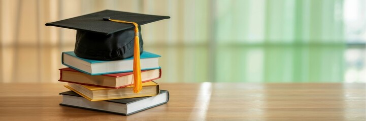 A banner dedicated to the graduation, which depicts a stack of hardcover books and a black graduation cap with a yellow tassel. The background is soft and blurry. A banner with space for the text.