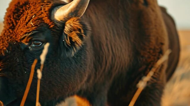 A close-up shot of a bison's face in a grassy field, with a calm expression