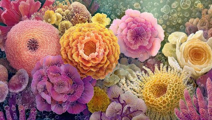 A vibrant, stylized floral arrangement featuring diverse blooms in warm pastel hues, set against a subtly textured background with floating bubbles