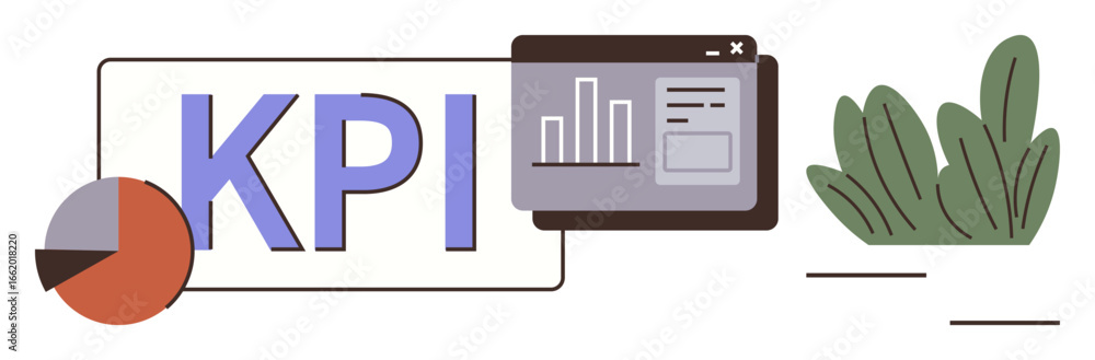 Poster kpi text, pie chart, and dashboard window with bar graph in minimal style. ideal for analytics, stra