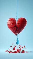 Red Heart Symbol Breaking Apart with Blue Liquid Dripping and Fragments Scattered on Light Blue Background