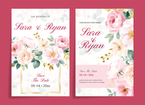 Floral wedding invitation design with Pink Roses and Gold accents - Powered by Adobe