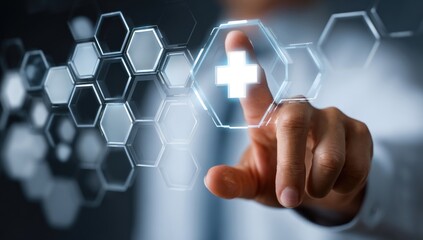 Close-up of a hand interacting with a futuristic, hexagonal, transparent interface displaying a glowing plus symbol, representing digital healthcare or medical technology