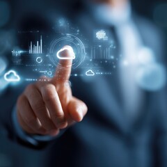 Fototapeta premium Close-up of a hand interacting with a holographic cloud computing interface displaying data graphs and icons
