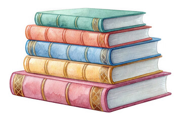 A stack of five vintage watercolor books with colorful spines isolated on transparent background