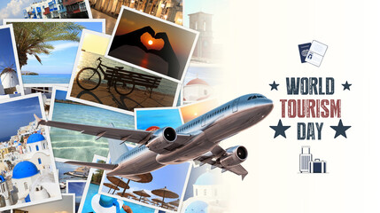 Celebrate world tourism day with an airplane flying over a montage of travel photos