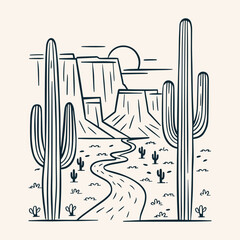 Minimalist Black and White Line Art Desert Scene with Saguaro Cacti, Winding Road, Mesas, Cliffs, Sun, Clean Centered Composition