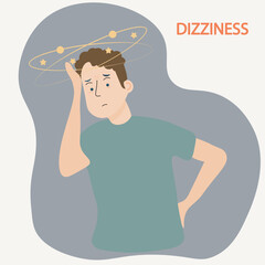 Vector of dizziness/lightheadedness showing imbalance, faint feeling, blurred vision; symptoms like vertigo, nausea; similar to anemia, dehydration, low BP.icon