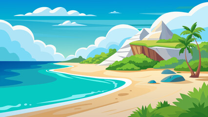 Beach shore with white sand and trees