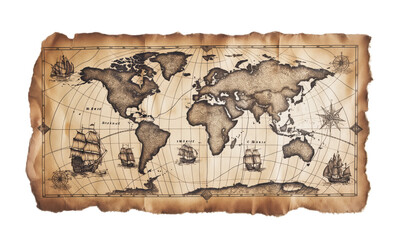 Aged Parchment World Map Tattoo Design with Maritime Elements &ndash; Transparent Background, T-shirt Design, Tattoo Design, PNG