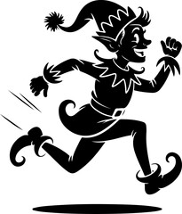 black silhouette of a playful Christmas elf dashing forward energetically 