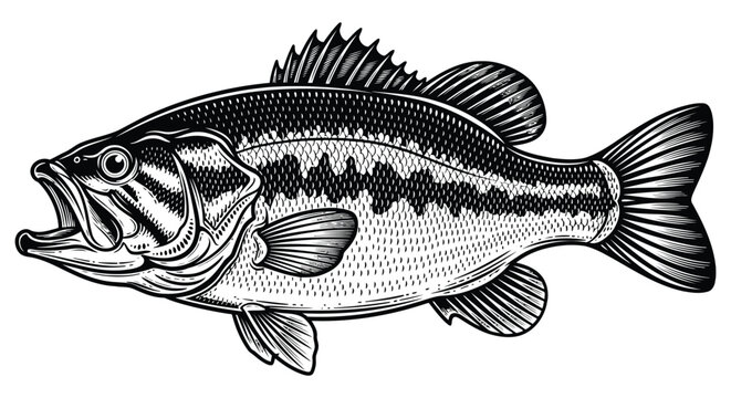 Detailed engraved bass fish illustration realistic aquatic wildlife fishing sport catch sport fishing trophy vector