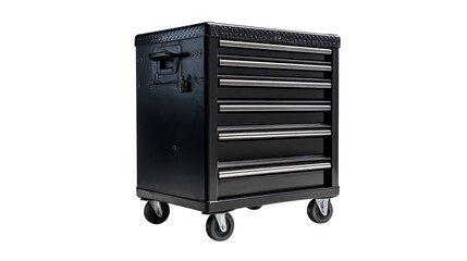 Png of A sleek black tool chest with multiple drawers on wheels, perfect for organizing and storing tools efficiently.
