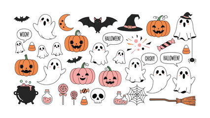 Spooky Halloween Elements: A whimsical collection of hand-drawn Halloween icons, featuring pumpkins, ghosts, bats, and a witch's hat. These elements capture the fun of the spooky season.
