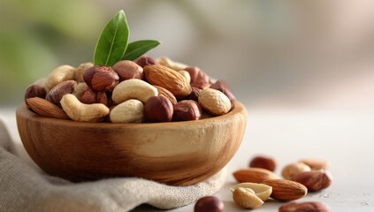 A wooden bowl brimming with a mix of almonds, cashews, and hazelnuts, garnished with fresh green leaves, rests on a light-colored surface.  A few nuts are scattered nearby